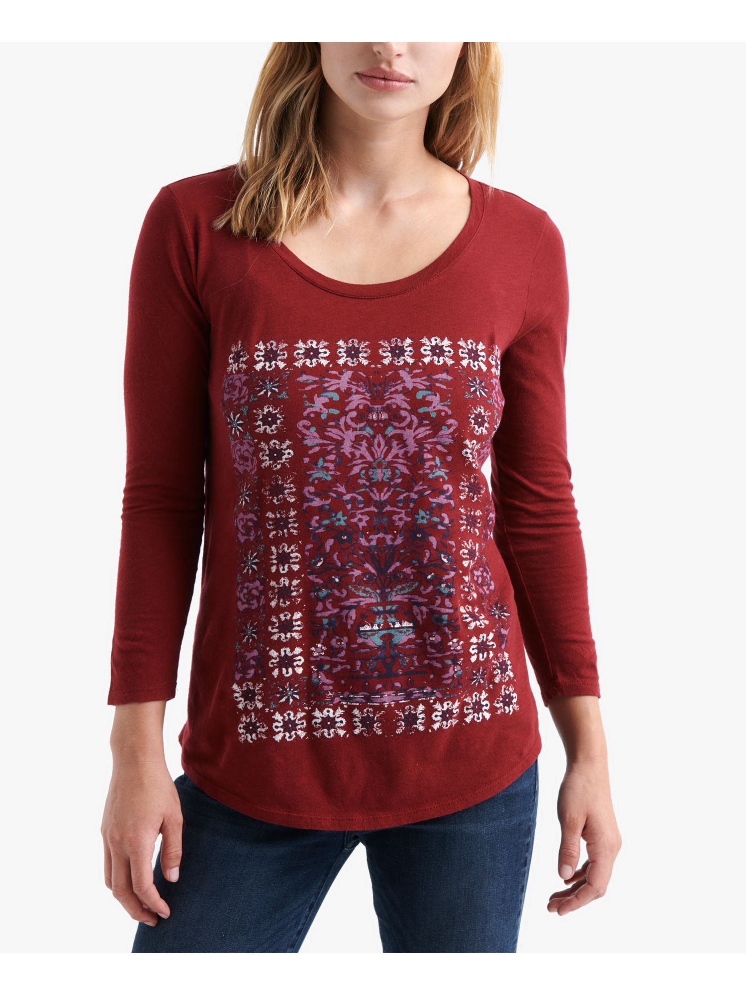 LUCKY BRAND Womens Maroon Printed Kimono Sleeve Top XS